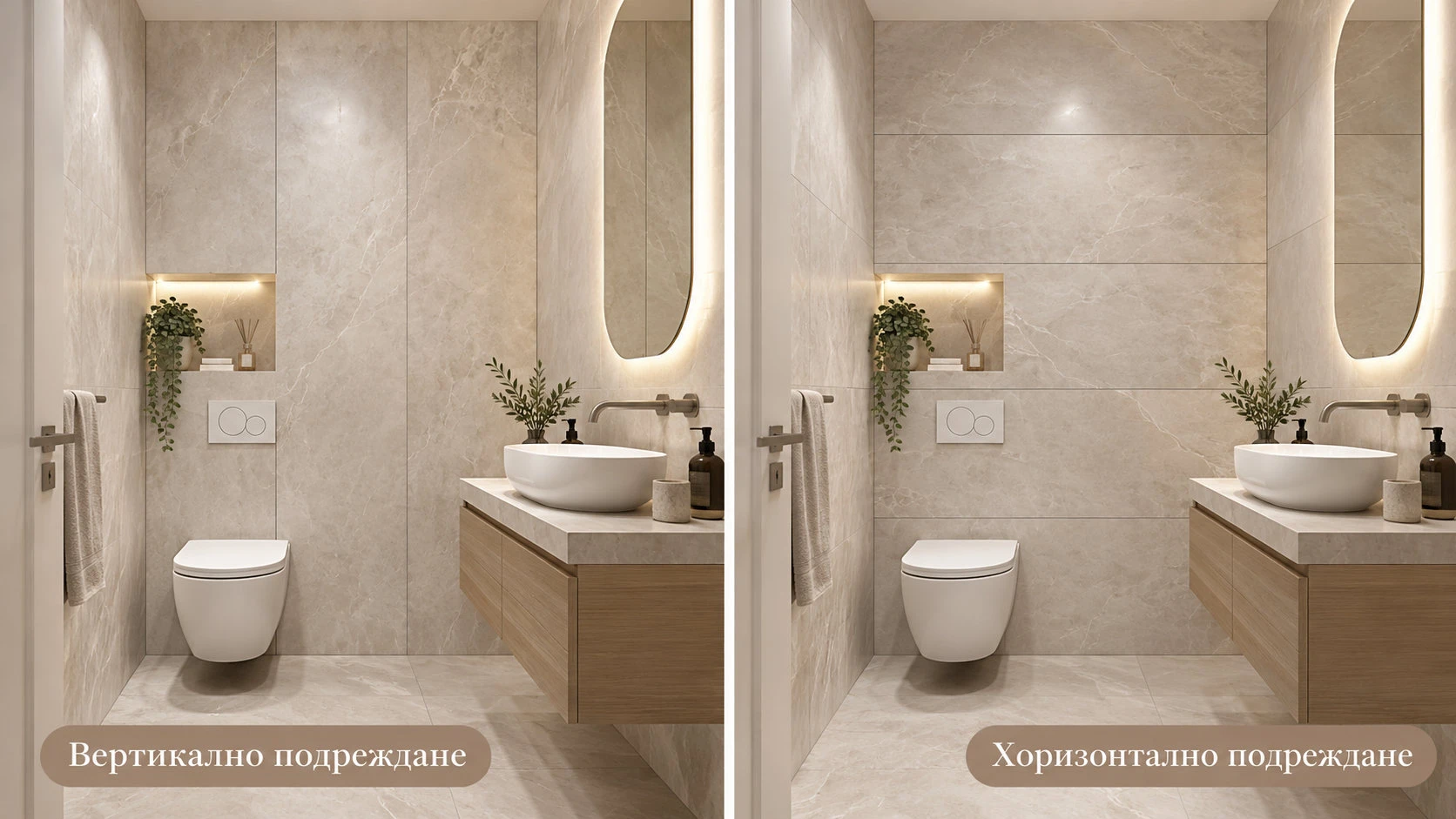 Сравнение между вертикално и хоризонтално полагане на гранитогрес 60×120 см в малка баня